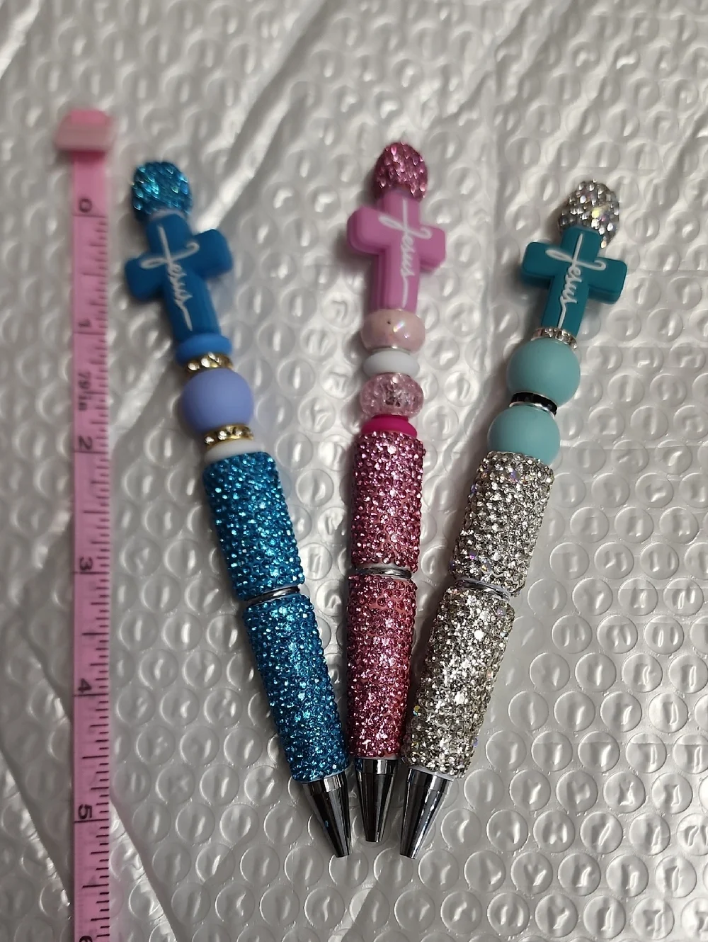 Set Of 3 Sparkle Cross Gem Ballpoint Pens - Blue, Pink, Silver - Picture 1 of 1